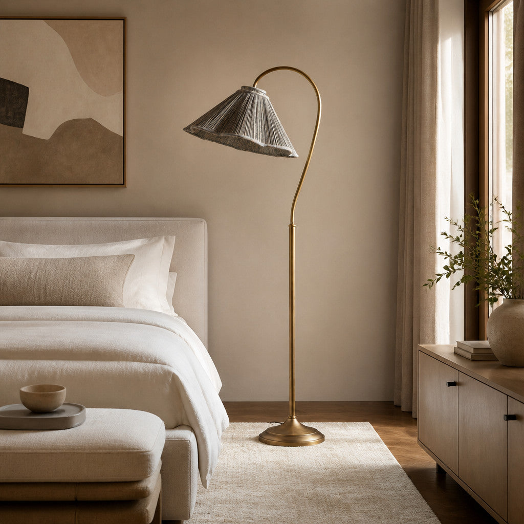 Solmire Blumen-Stehleuchte mit Schwanenhals - Plissierter Stoff-Metallschirm für Wohnzimmer und Schlafzimmer | Souliia