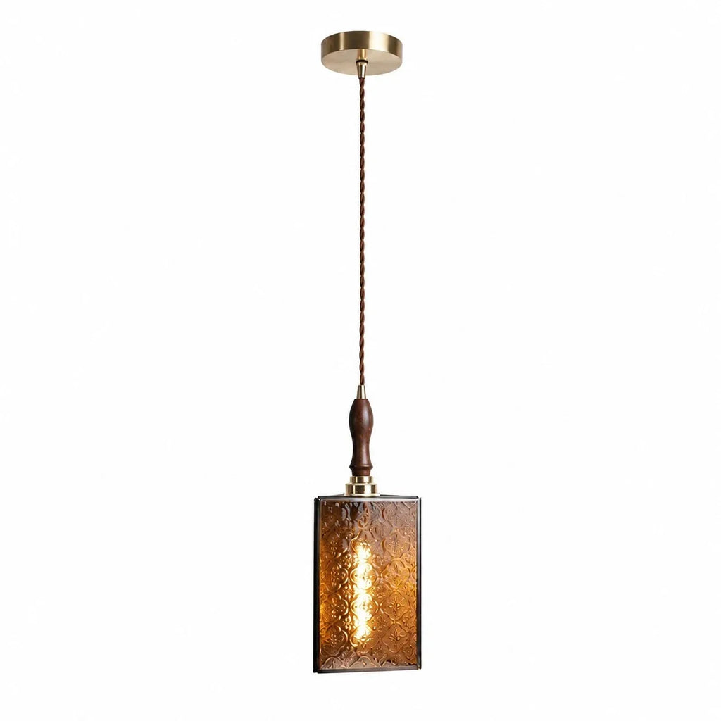 Vintage Textured Glass Pendant Light with Wood Accent | Souliia