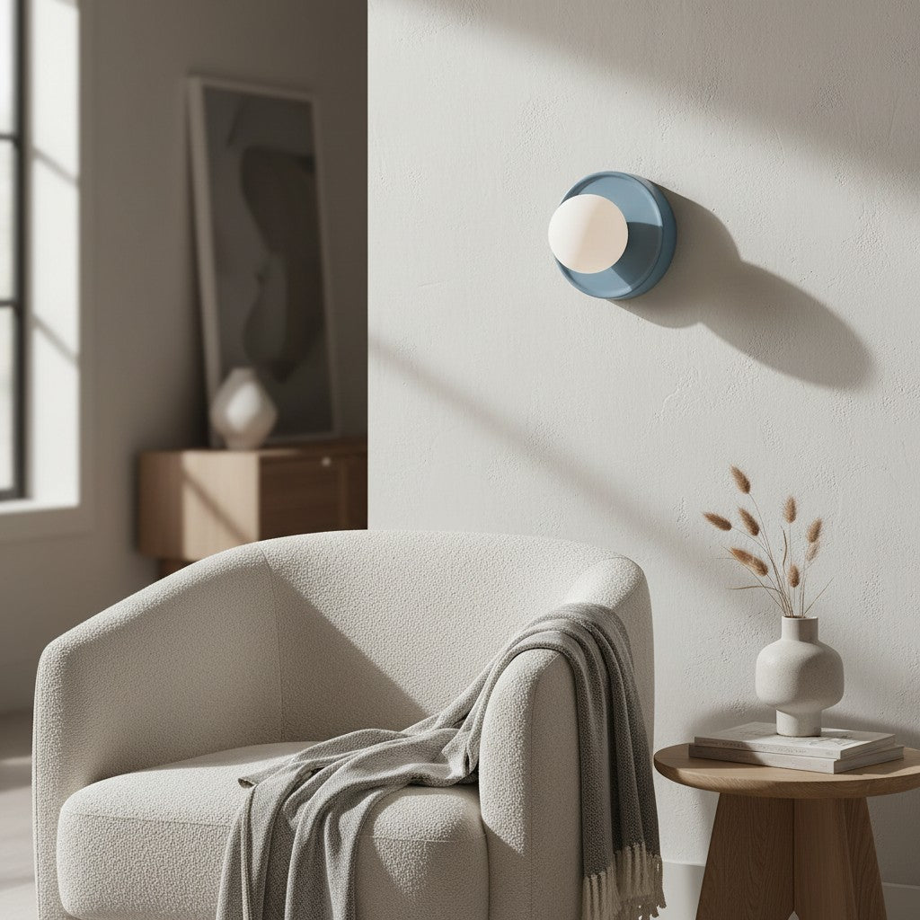 Solna Minimalist Round Glass Wall Sconce with Ceramic Base for Bedroom and Hallway | Souliia