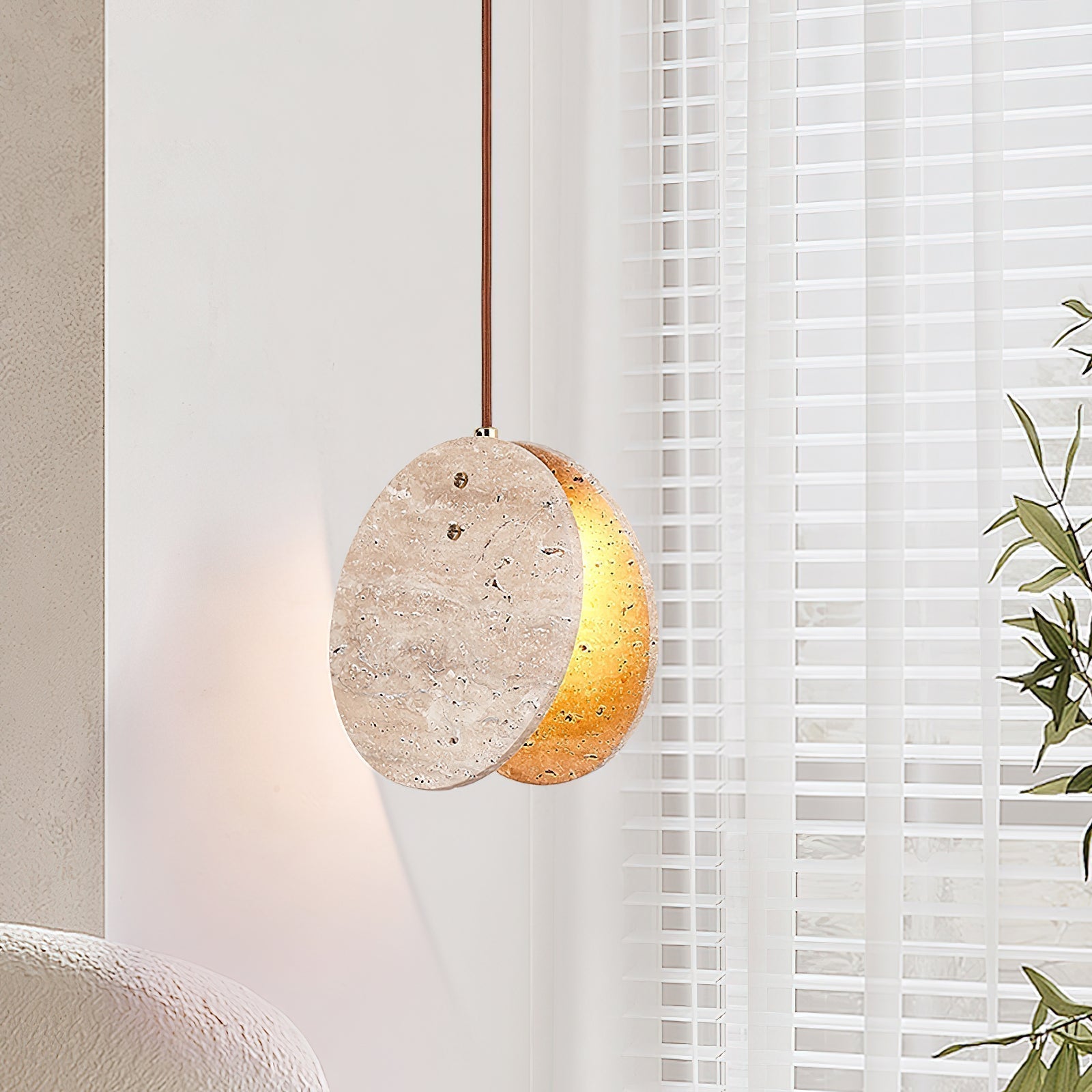 Stone Textured Disc Travertine Pendant Light M04 | Souliia