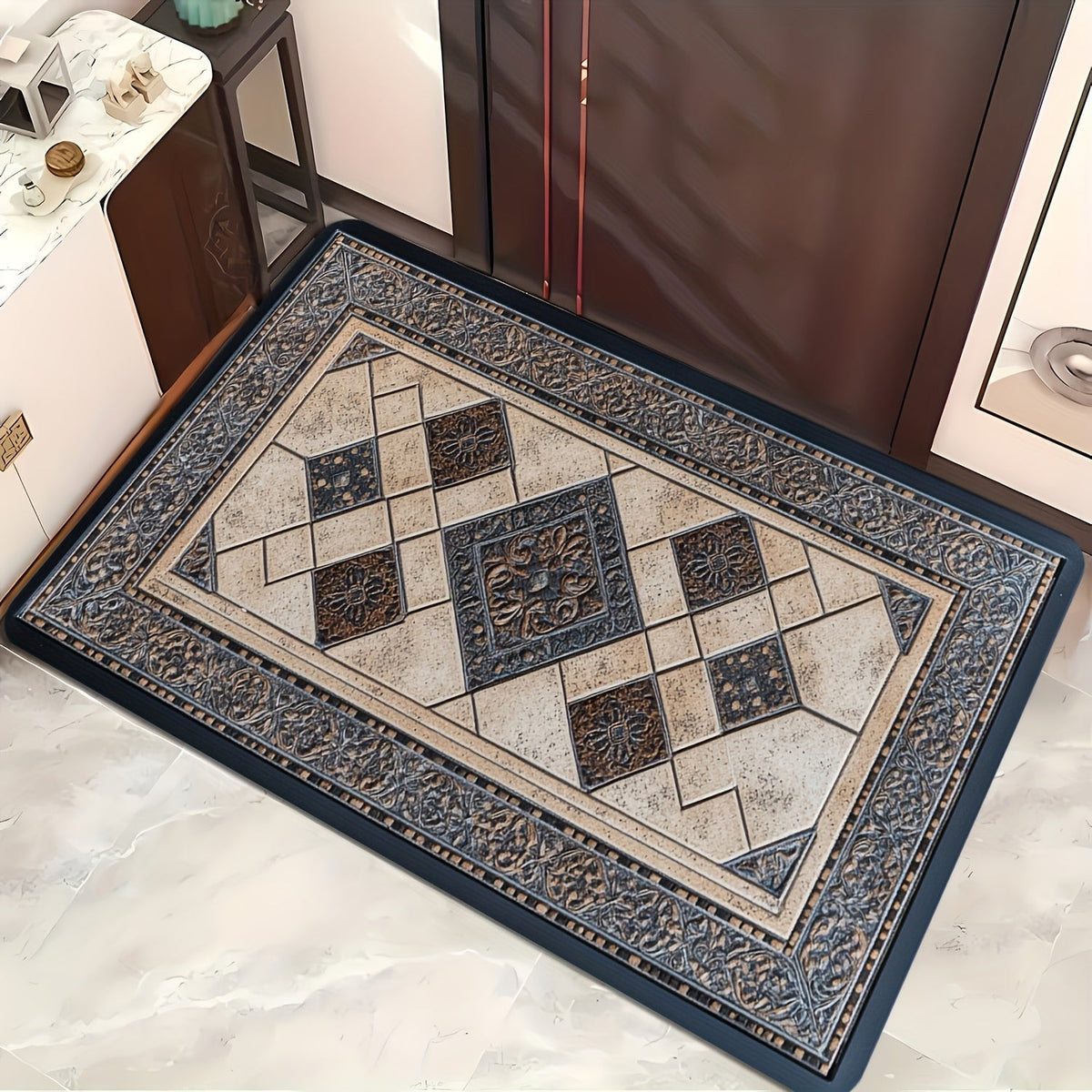 Stylehaven Machine Washable Floor Mat — Structured Geometric Border Trim