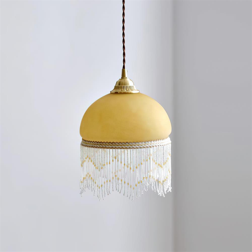 Vili Beaded Tassel Pendant Lamp – Soft Yellow Dome, Brass-Toned Top