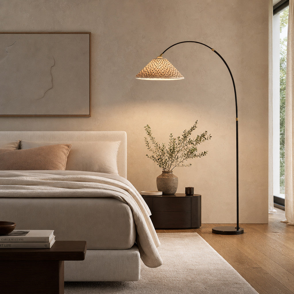 Solmire Veslin Bogen-Stehleuchte - Plissierter Blumenstoffschirm Französischer Stil Stehleuchte für Schlafzimmer und Wohnzimmer | Souliia