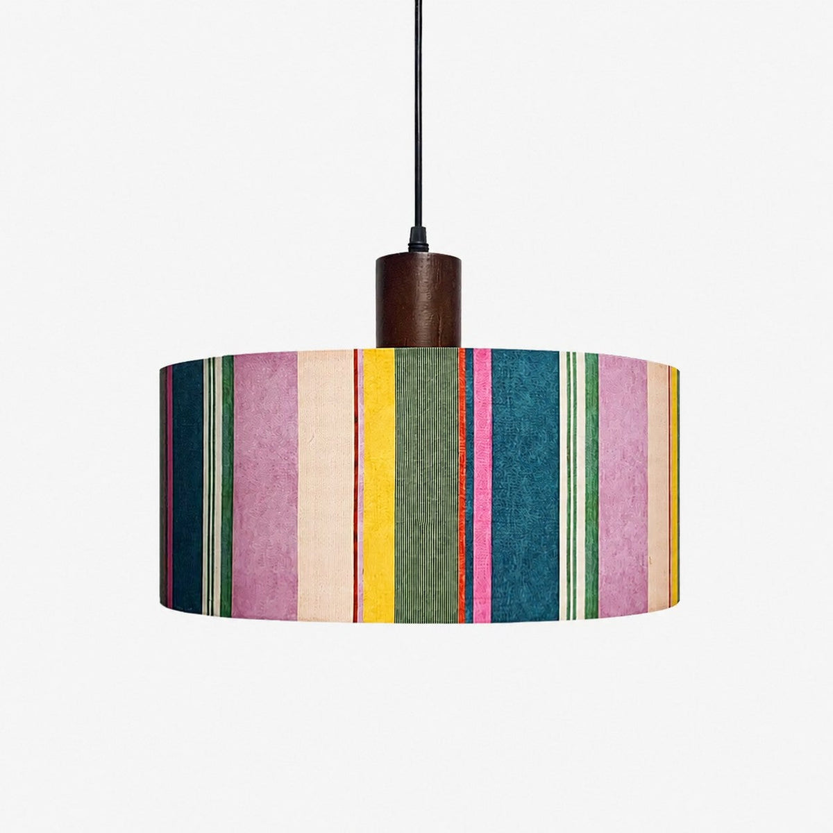 Printed Fabric Drum Pendant Light with Walnut Wood Holder | Souliia