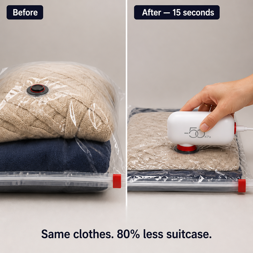 VoltPack — Shrink Your Suitcase 80% With a Pocket USB Vacuum Pump - Souliia