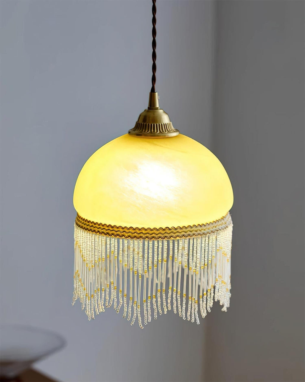 Vili Beaded Tassel Pendant Lamp – Soft Yellow Dome, Brass-Toned Top