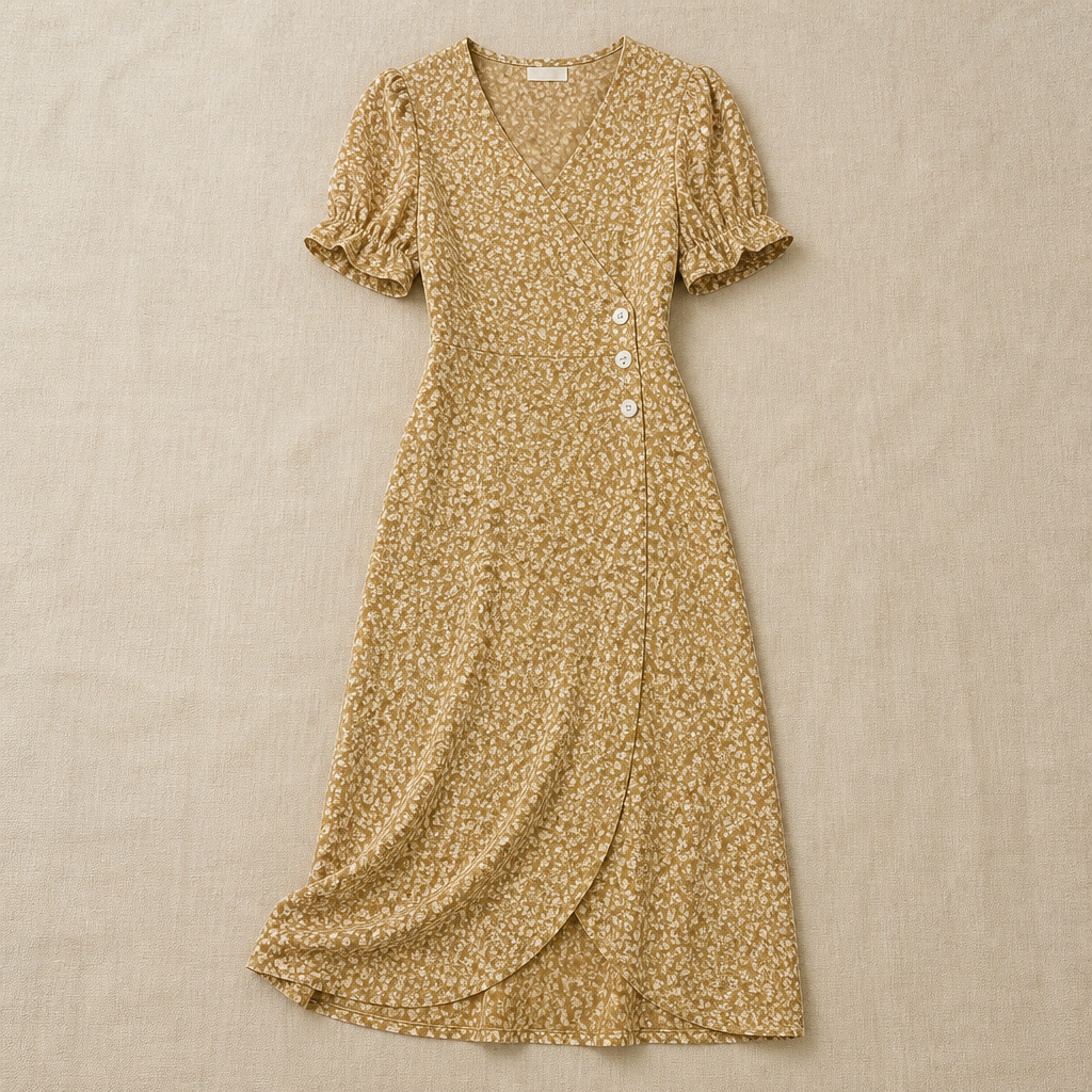 SeraphineAura – Ditsy Floral Wrap Midi Dress with Ruched Tulip Hem - Souliia