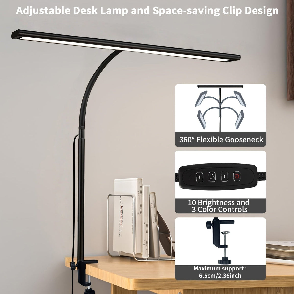 Widelux Ultra-Wide Clip-On Desk Lamp — 3-Color Temperature Control, Secure Desktop Clip