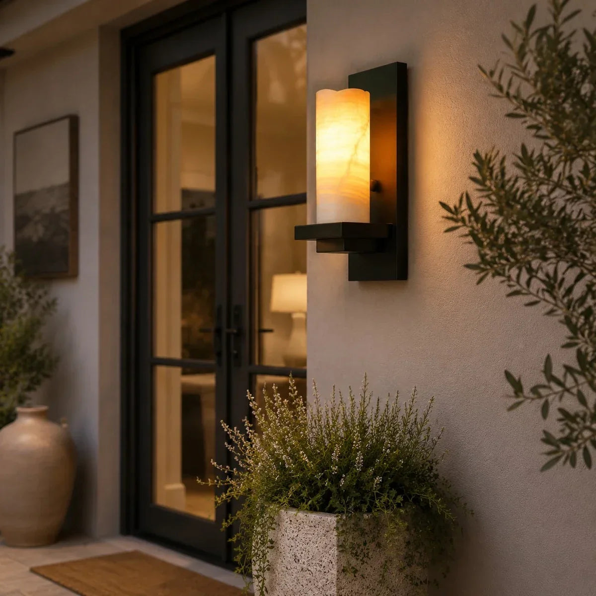 Rustic Black Metal Wall Sconce with Cream Stone-Look Shade | Souliia