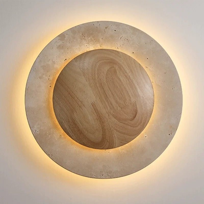 Round Travertine Wood Wall Light | Souliia