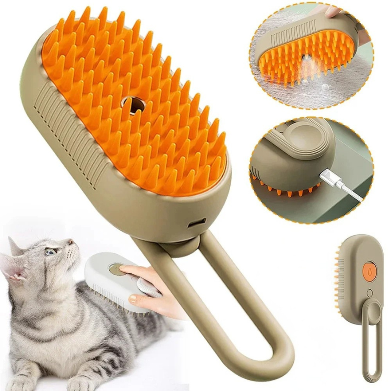 3-in-1-Dampfhaarbürste für Haustiere — Fellpflege, Massage & Unterwollentfernung