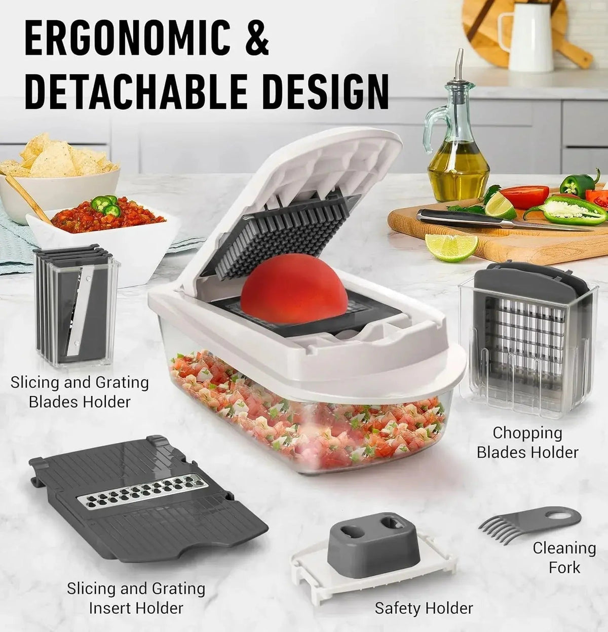 Vegetable Chopper | Dicing, Slicing, and Grating | Storage Container & Safety Holder | VegiCut - Souliia