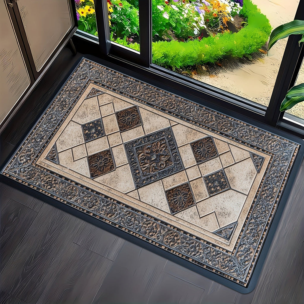 Stylehaven Machine Washable Floor Mat — Structured Geometric Border Trim