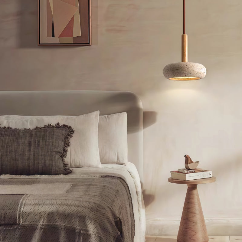 Traditional Japanese Round Wood Travertine Pendant Light M18 | Souliia