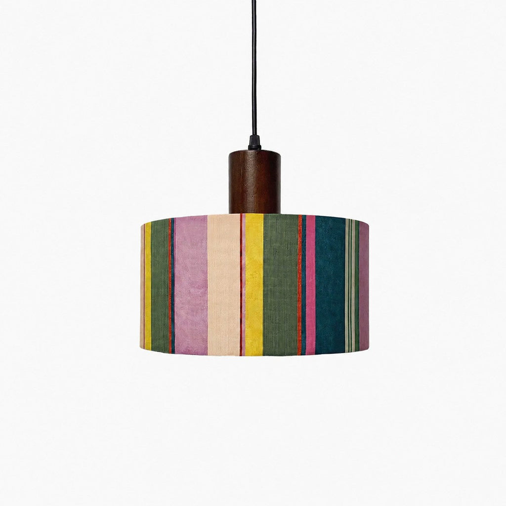 Printed Fabric Drum Pendant Light with Walnut Wood Holder | Souliia