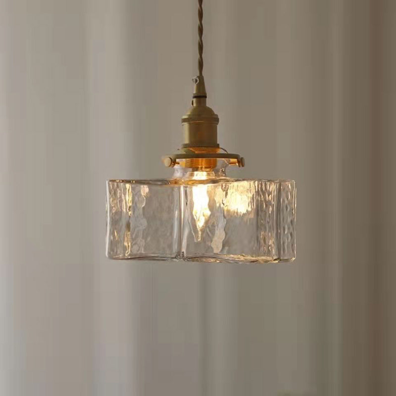 Traditionelle Vintage Quadrat Rechteck Wellen-Glas Eisen 1-Flammige Pendelleuchte für Wohnzimmer | Souliia