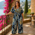 SerenaSculpt – Tropical Print V-Neck Wide-Leg Jumpsuit with Smocked Waist - Souliia