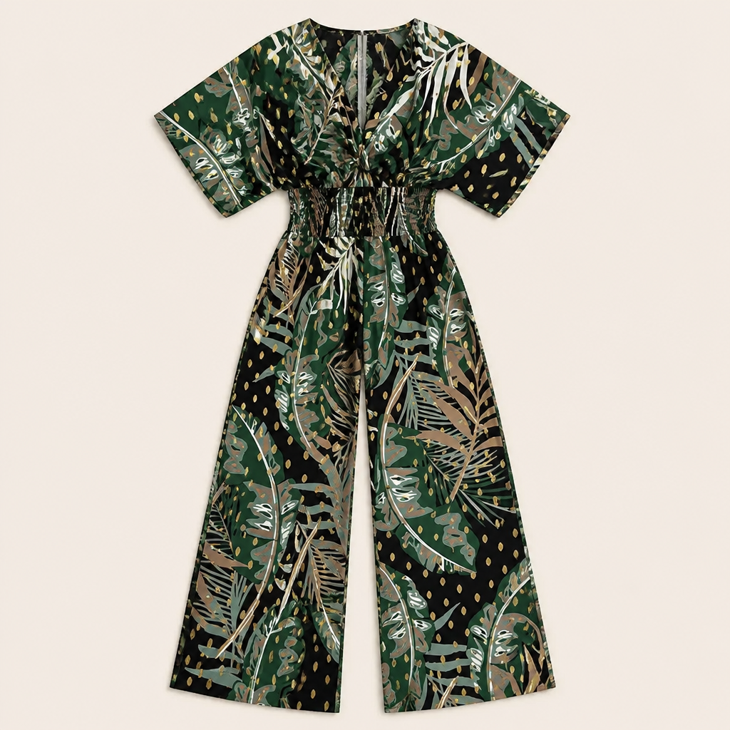 SerenaSculpt – Tropical Print V-Neck Wide-Leg Jumpsuit with Smocked Waist - Souliia