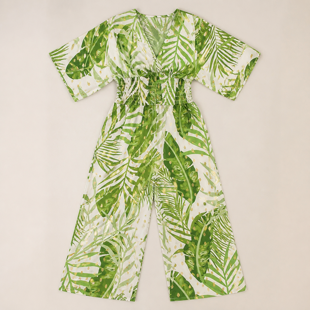 SerenaSculpt – Tropical Print V-Neck Wide-Leg Jumpsuit with Smocked Waist - Souliia