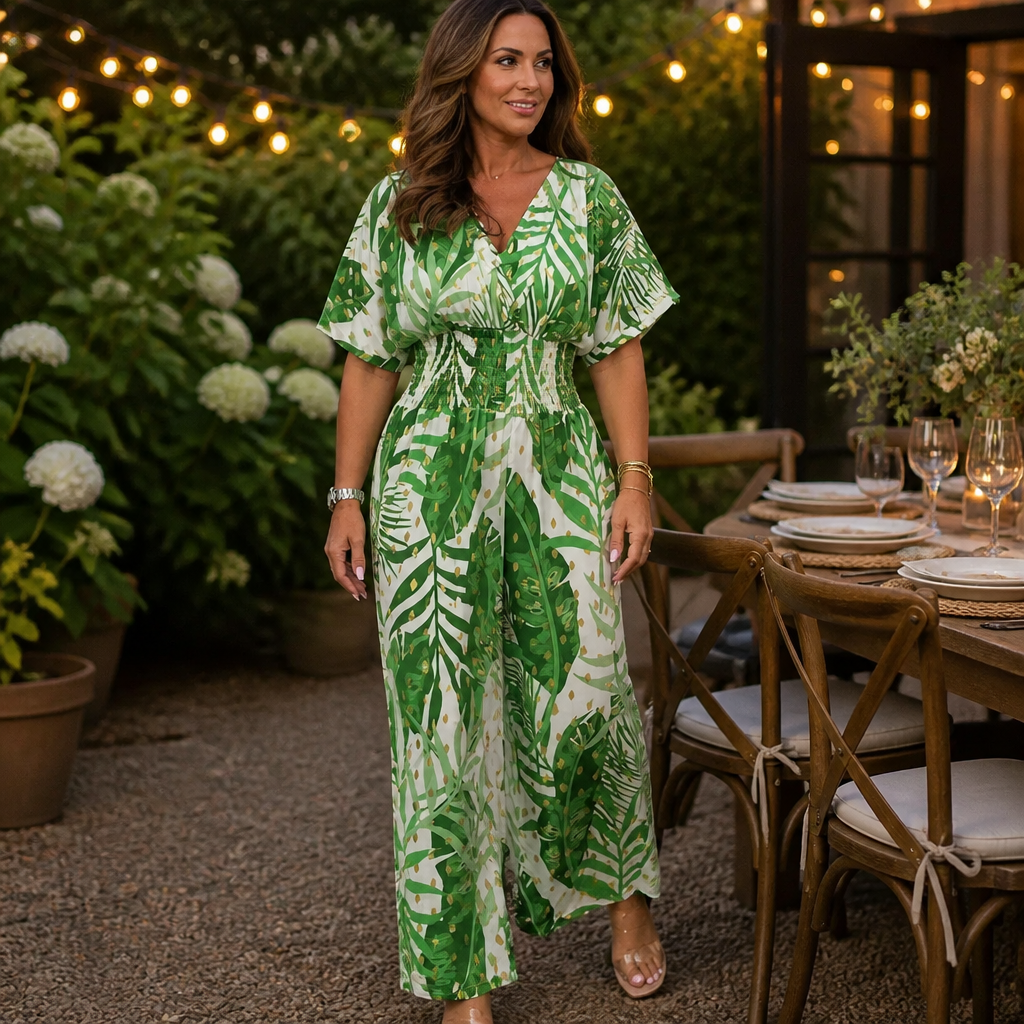SerenaSculpt – Tropical Print V-Neck Wide-Leg Jumpsuit with Smocked Waist - Souliia
