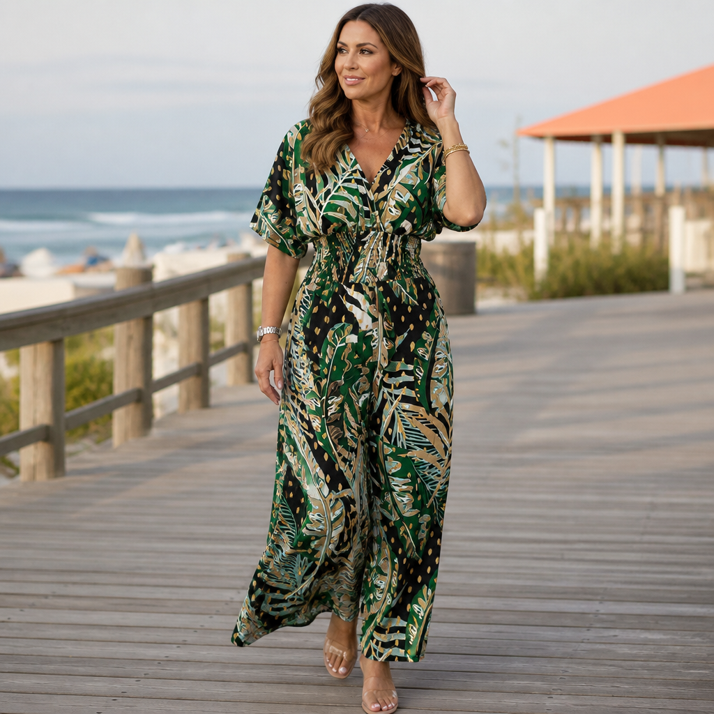 SerenaSculpt – Tropical Print V-Neck Wide-Leg Jumpsuit with Smocked Waist - Souliia