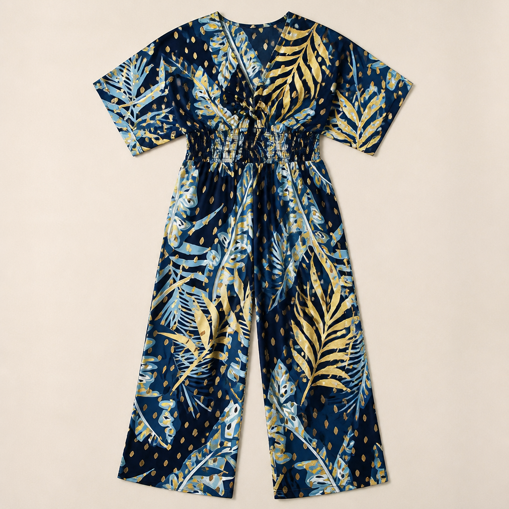 SerenaSculpt – Tropical Print V-Neck Wide-Leg Jumpsuit with Smocked Waist - Souliia