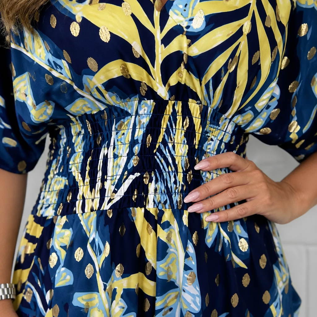 SerenaSculpt – Tropical Print V-Neck Wide-Leg Jumpsuit with Smocked Waist - Souliia