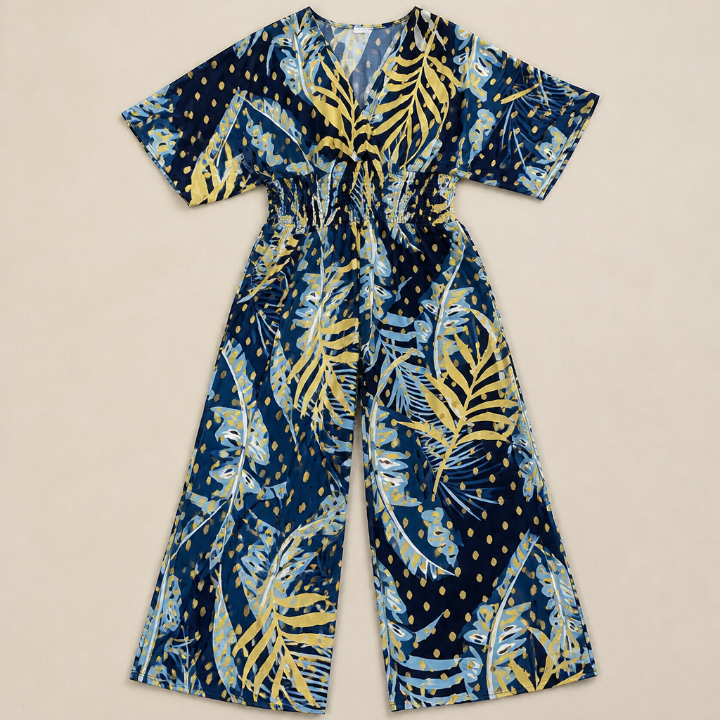 SerenaSculpt – Tropical Print V-Neck Wide-Leg Jumpsuit with Smocked Waist - Souliia