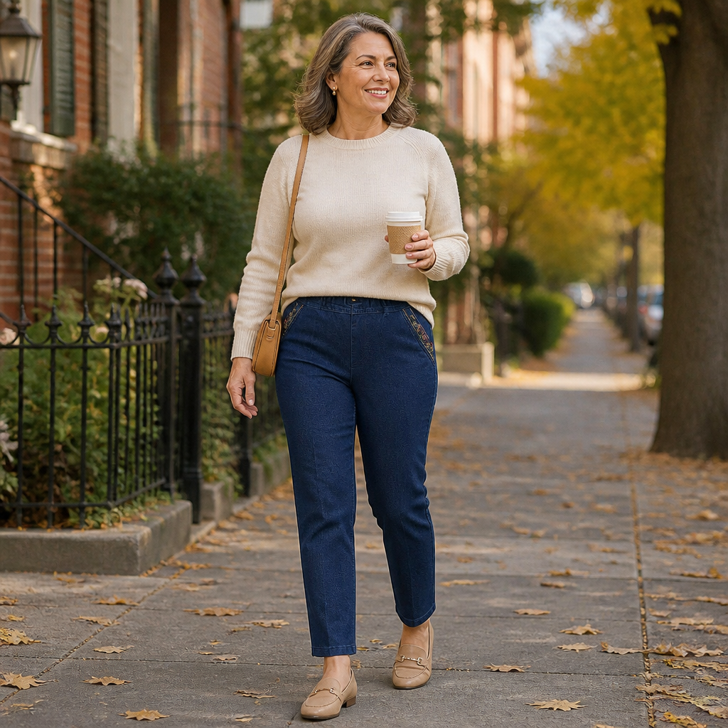 SculptEase – Pull-On Stretch Straight Leg Jeans with Embroidered Pockets - Souliia