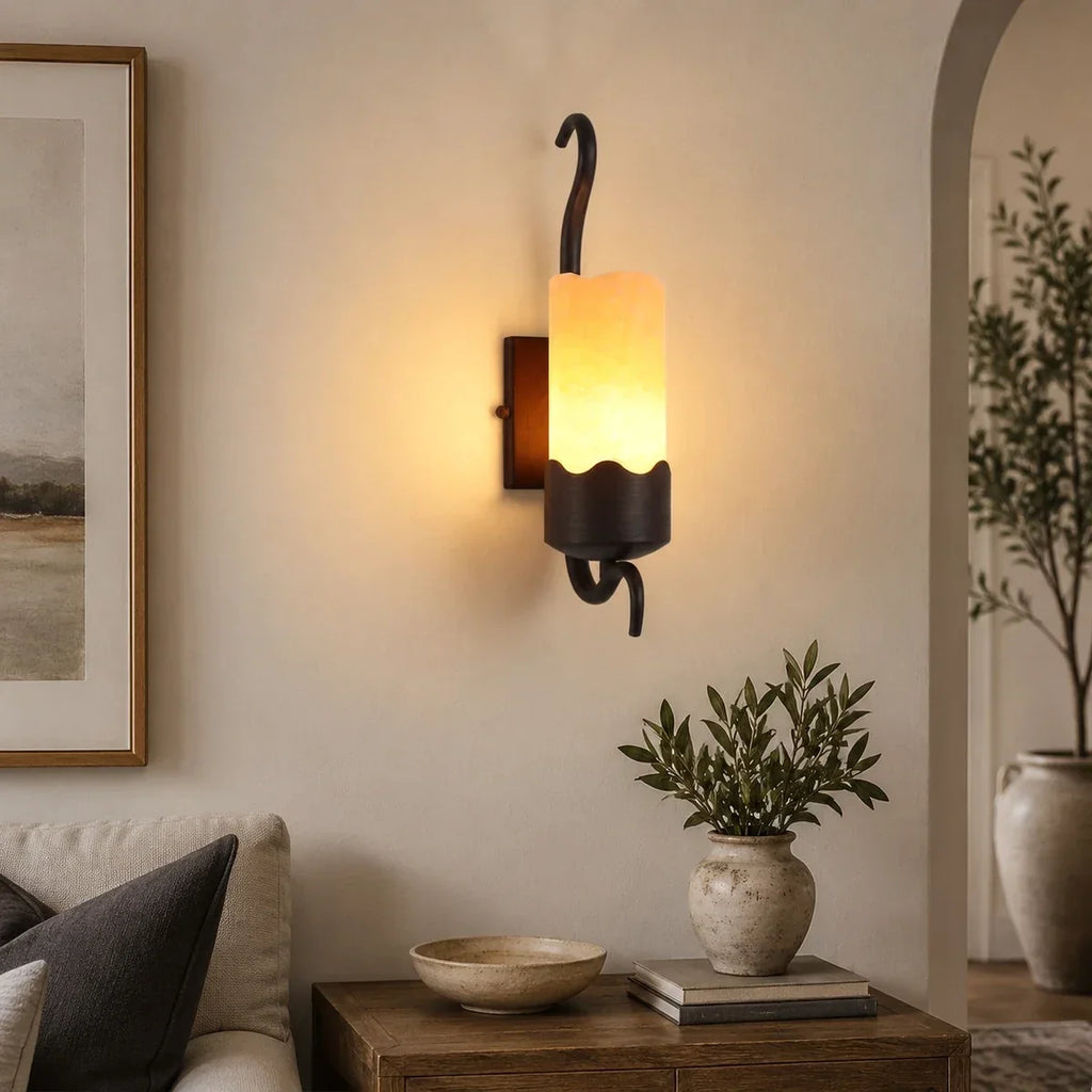 Rustic Alabaster-Style Wall Sconce with Black Metal Frame | Souliia