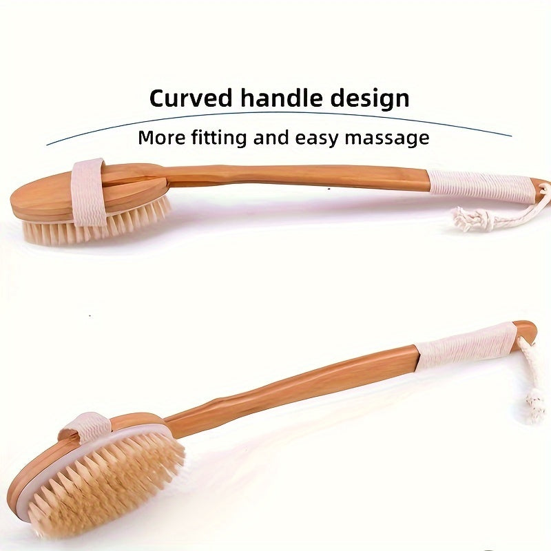 Back Wild Boar Bristle Cleaning Sponge for the Shower - Long Wooden Handle Bath Sponge Brush, soft natural bristles for back cleaning