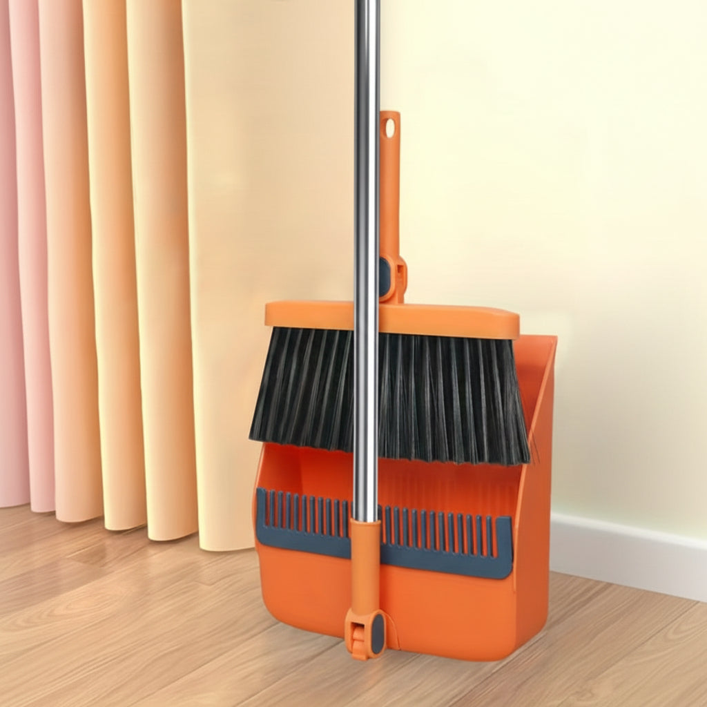 Cleansweep Pro Long-Handle Broom & Dustpan Set — 360° Rotating Head, Built-In Comb Teeth