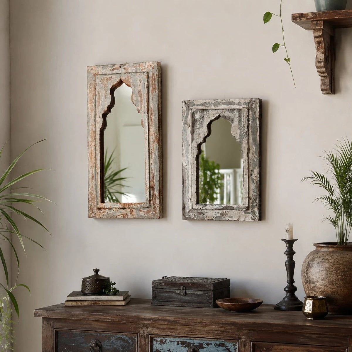Rustic Carved Wood Arch Wall Mirror | Souliia