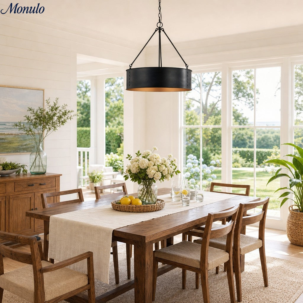 Velara Round Black Drum Pendant Light - Industrial Vintage Style for Dining Room or Living Room | Souliia