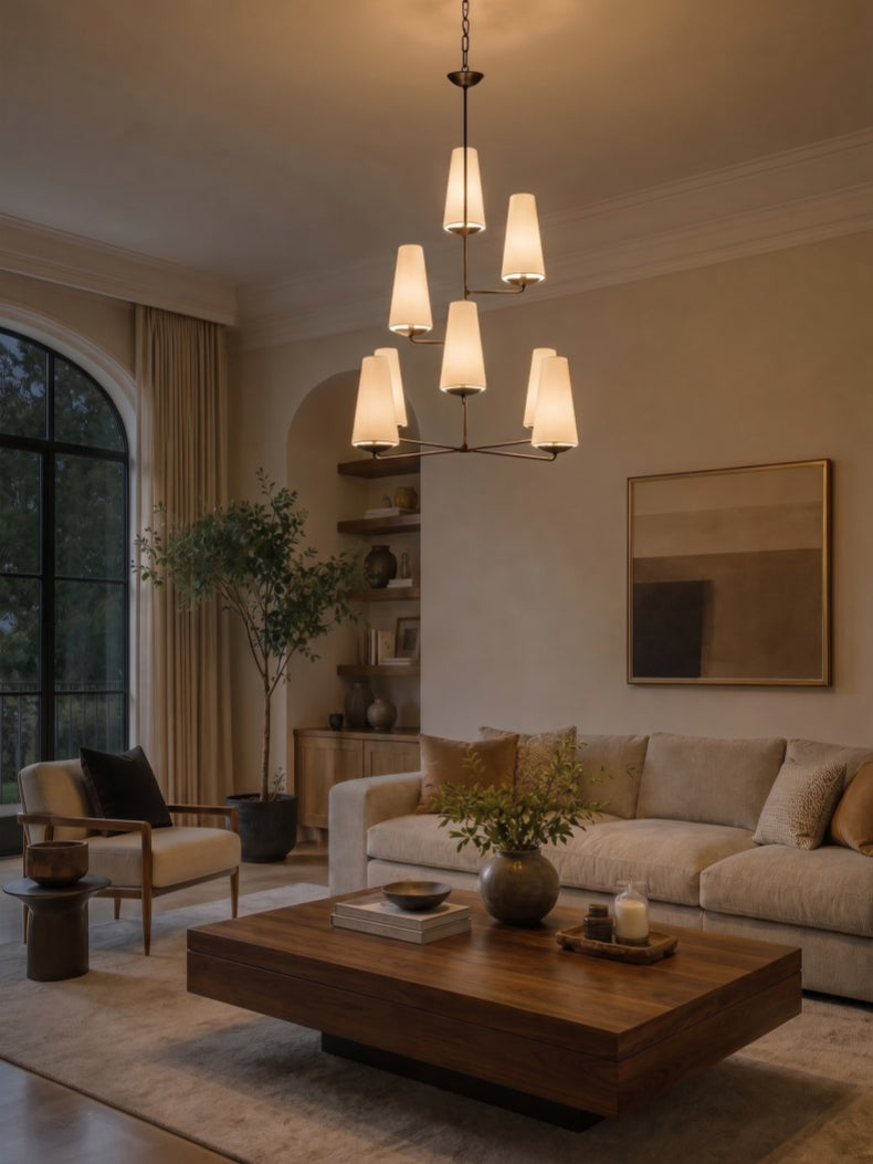 Rowan Tiered vertical Multi-Head Chandelier - Modern Metal and Fabric for Living Rooms and Foyer | Souliia