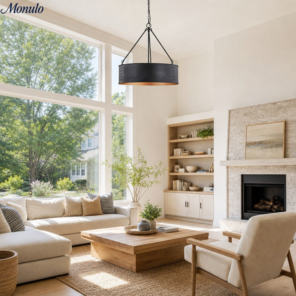 Velara Round Black Drum Pendant Light - Industrial Vintage Style for Dining Room or Living Room | Souliia