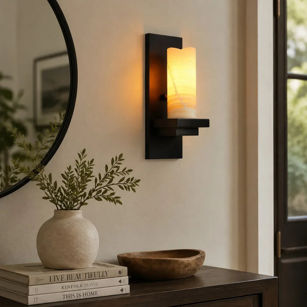 Rustic Black Metal Wall Sconce with Cream Stone-Look Shade | Souliia