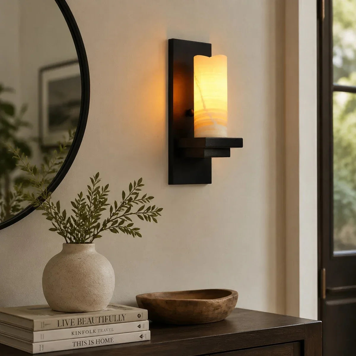 Rustic Black Metal Wall Sconce with Cream Stone-Look Shade | Souliia