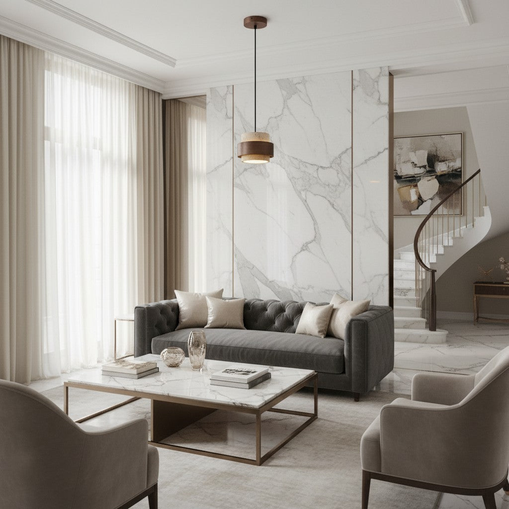 Stonel Contemporary Travertine Cylinder Pendant Lamp with Wood Frame U14 | Souliia