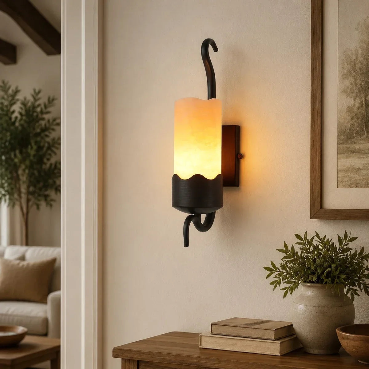 Rustic Alabaster-Style Wall Sconce with Black Metal Frame | Souliia