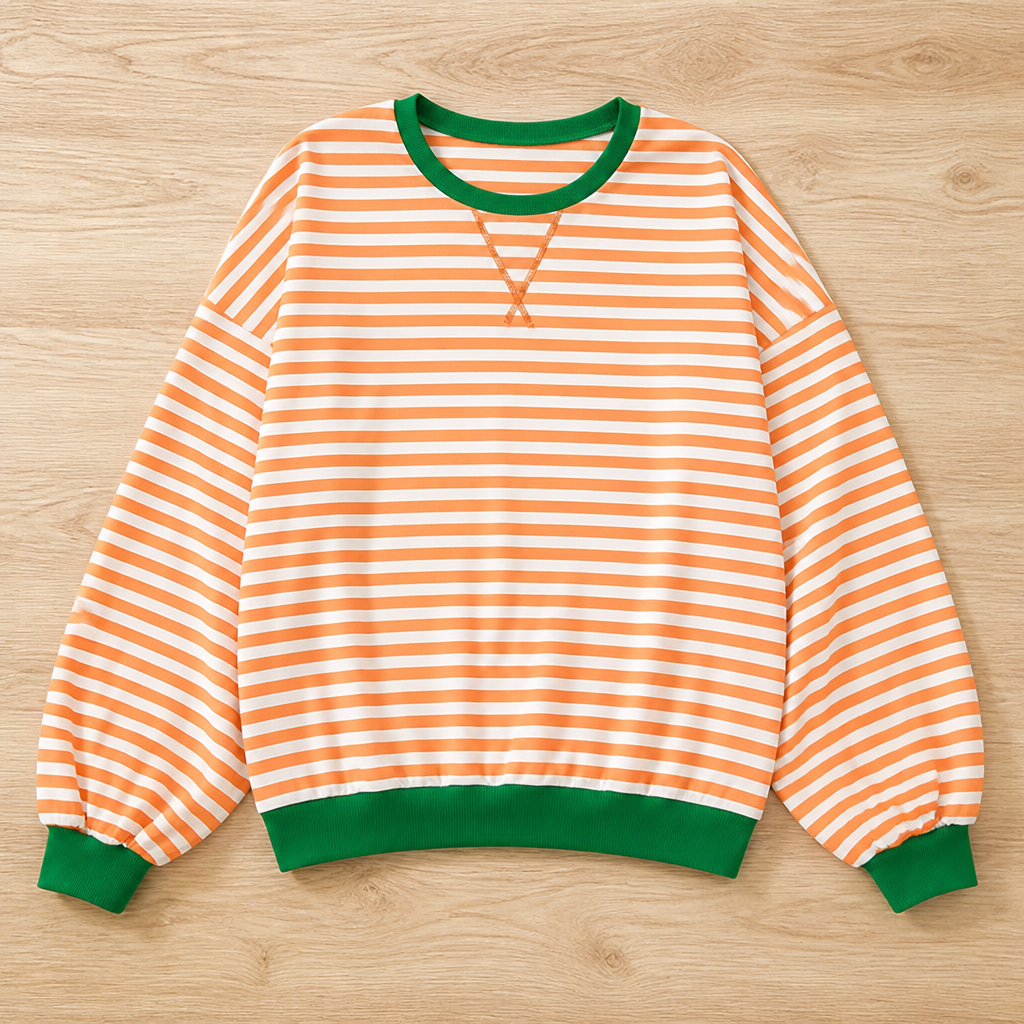 VeroLuxe – Relaxed Striped Crewneck Sweatshirt with Contrast Trim - Souliia
