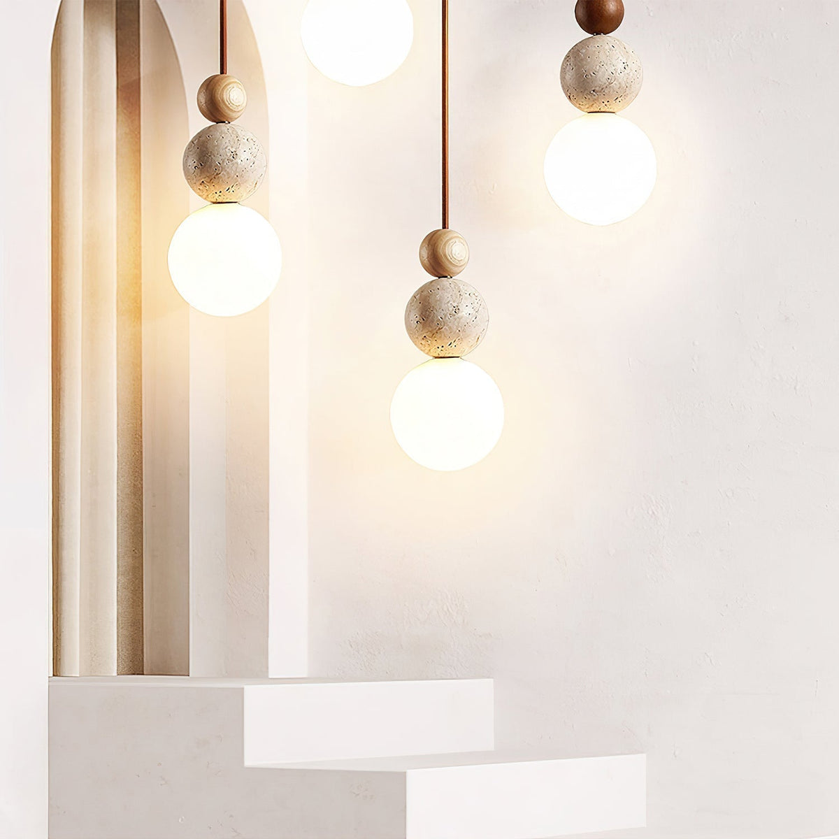 Lampă suspendată modernă tip glob, din piatră de travertin, M08 | Souliia