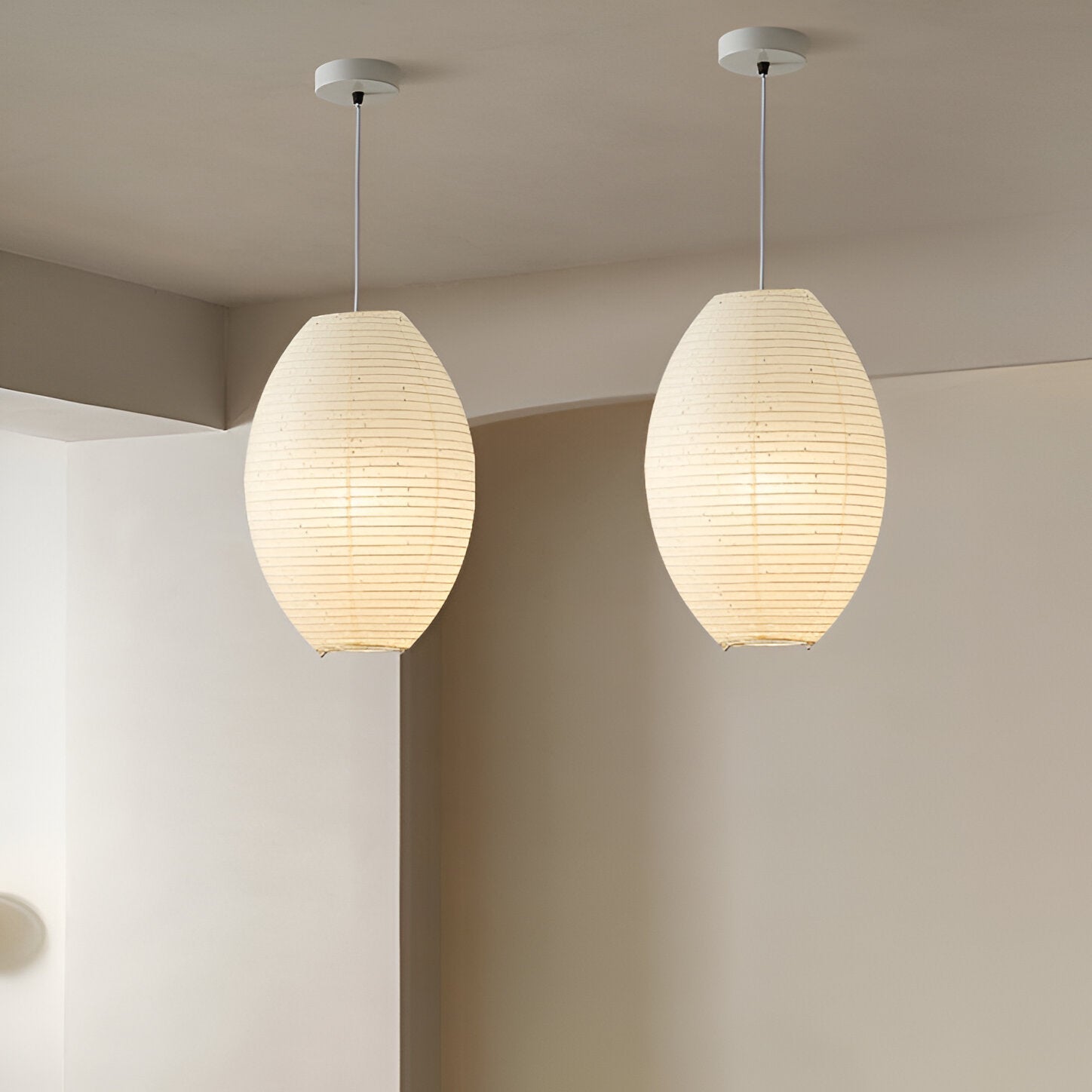 Traditionelle Japandi Wabi-Sabi Elliptische Papier-Pendelleuchte | Souliia