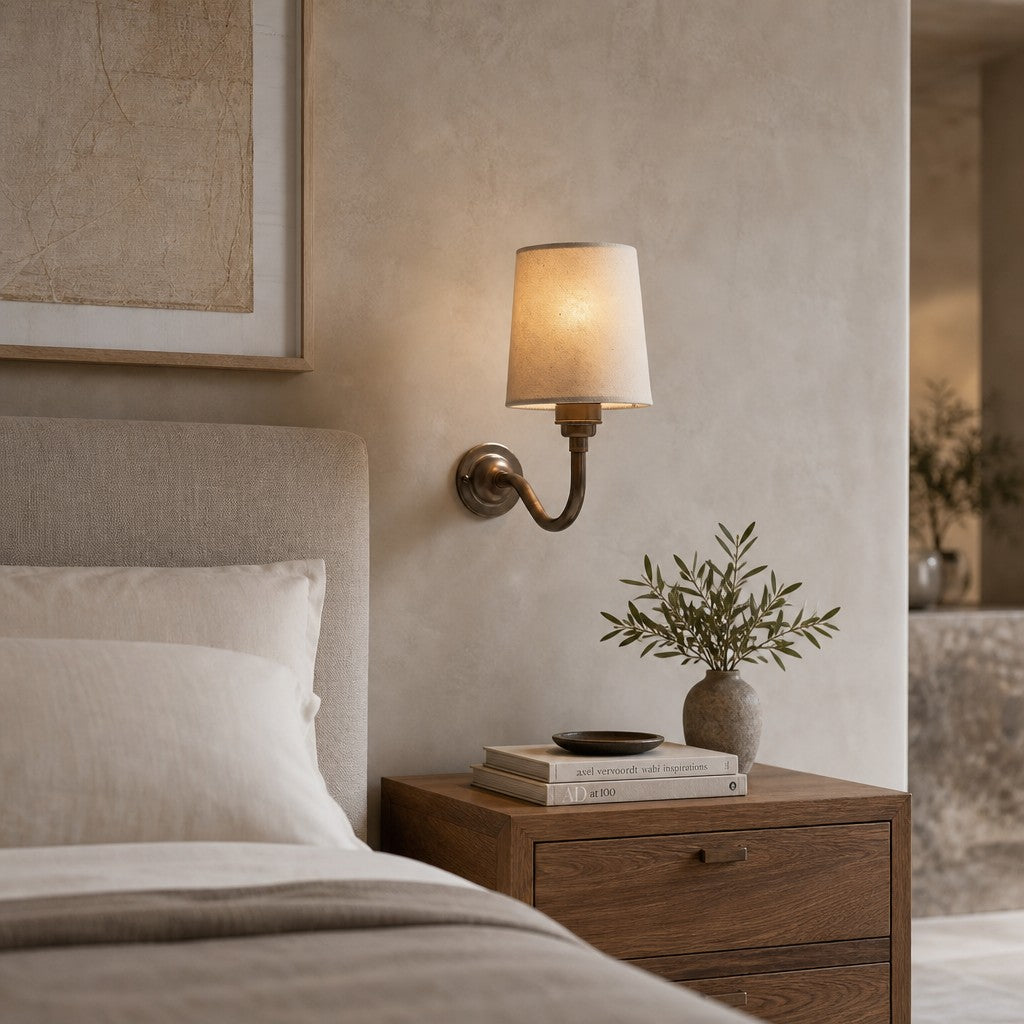Solmire Fabric Wall Sconce - Vintage Linen Cotton Shade with Curved Metal Arm for Bedroom and Hallway | Souliia