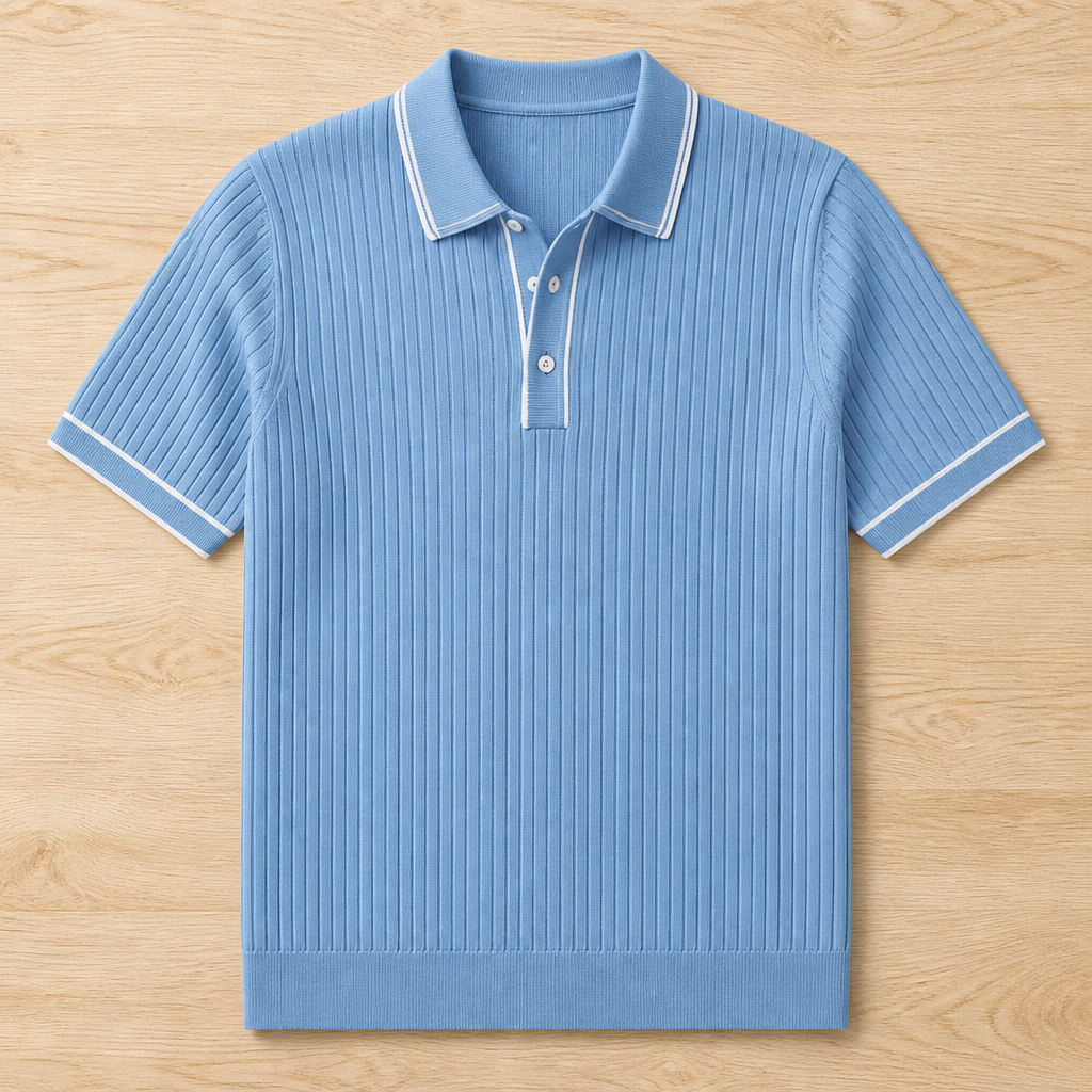 VeroStride – Retro Ribbed-Knit Polo with Contrast Tipped Collar - Souliia