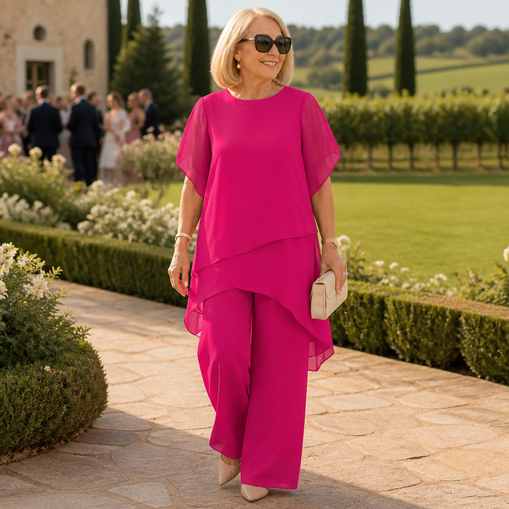 SerenLuxe – Elegant Chiffon Two-Piece Set with Asymmetric Layered Top - Souliia