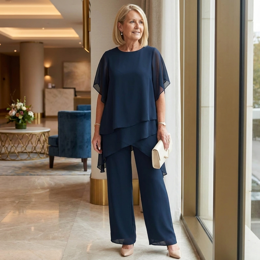 SerenLuxe – Elegant Chiffon Two-Piece Set with Asymmetric Layered Top - Souliia