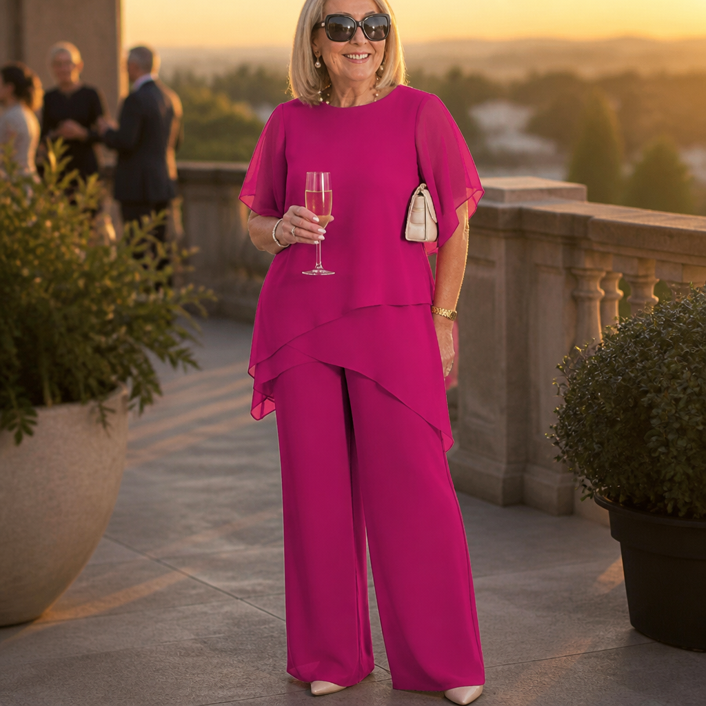 SerenLuxe – Elegant Chiffon Two-Piece Set with Asymmetric Layered Top - Souliia