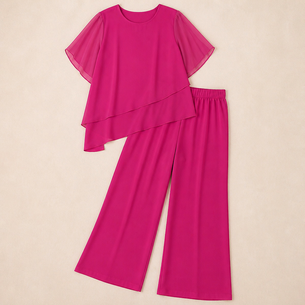 SerenLuxe – Elegant Chiffon Two-Piece Set with Asymmetric Layered Top - Souliia