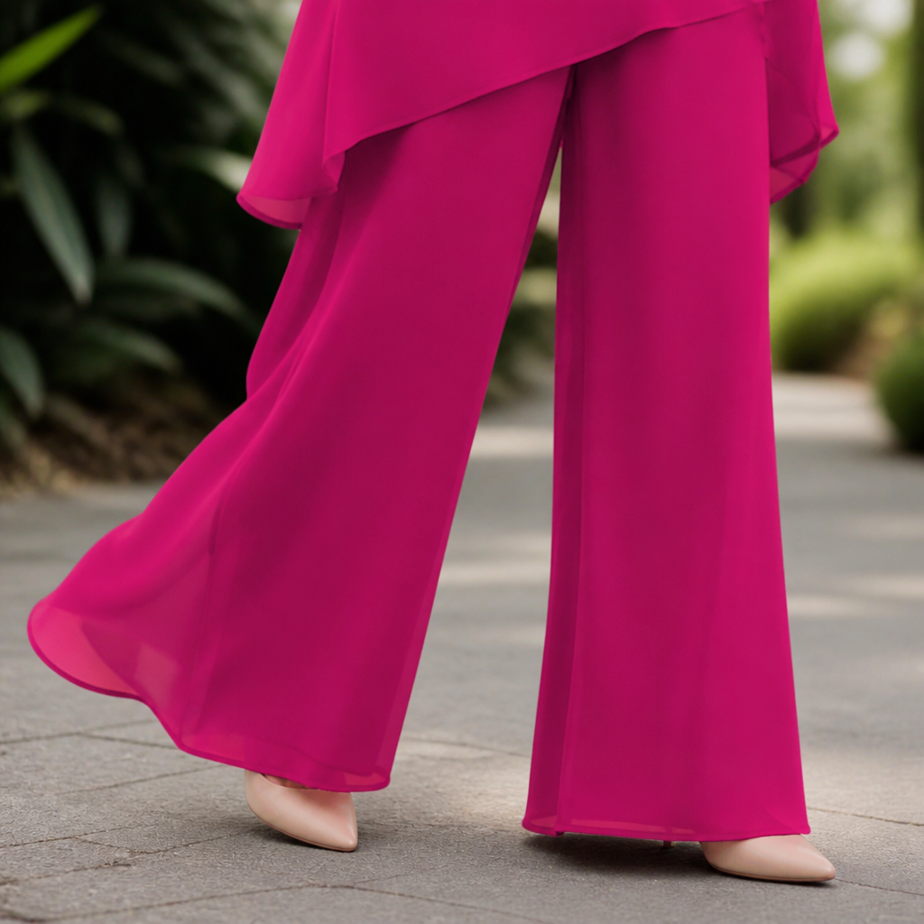 SerenLuxe – Elegant Chiffon Two-Piece Set with Asymmetric Layered Top - Souliia